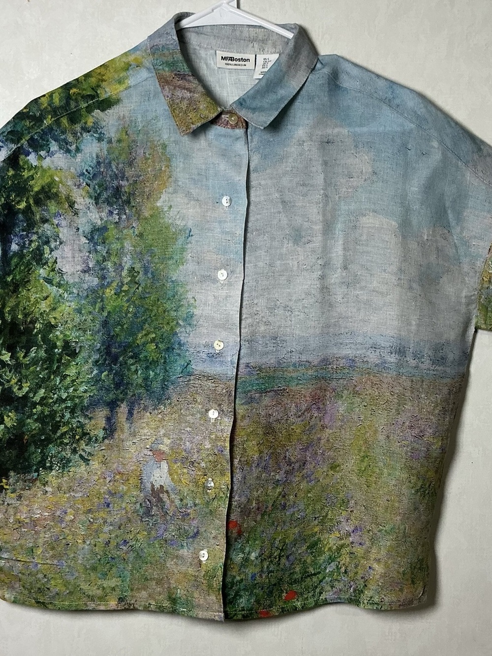 MFA Boston Abstract Linen Impressionist Landscape Button Up Short Sleeve Shirt S